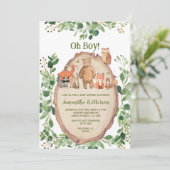 Boy Greenery Forest Animals Baby Shower Einladung (Stehend Vorderseite)