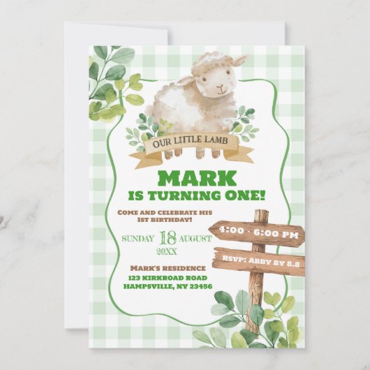 Boy Greenery Lamb Einladung (Vorderseite)