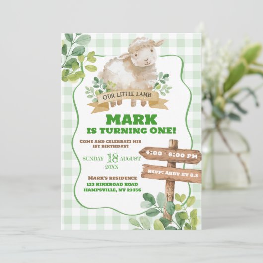 Boy Greenery Lamb Einladung (Stehend Vorderseite)
