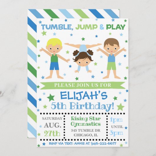 Boy Gymnastics Einladung | Gymnastik Geburtstag (Vorne/Hinten)