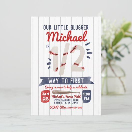 Boy Half Geburtstag Baseball Party Einladung (Stehend Vorderseite)