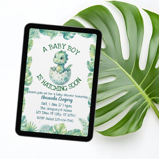 Boy Hatching Soon, Green Dino Baby Shower Einladung