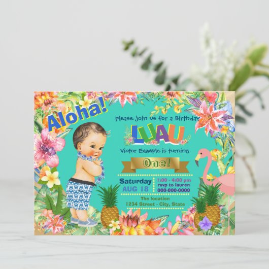 Boy Hawaiian Luau Birthday Party Einladung (Stehend Vorderseite)