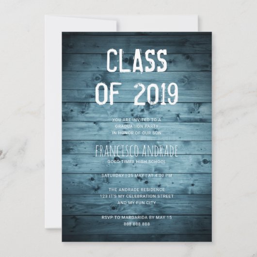 Boy High School Graduation Party 2019 Rustic Blue Einladung (Vorderseite)