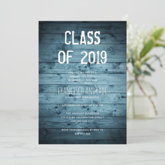 Boy High School Graduation Party 2019 Rustic Blue Einladung (Stehend Vorderseite)