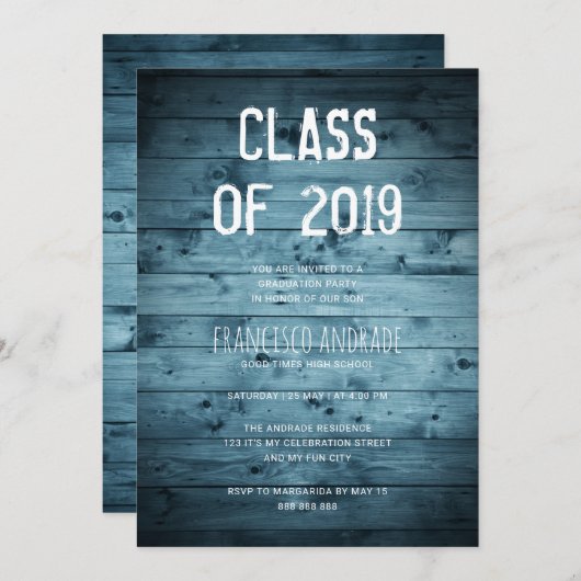 Boy High School Graduation Party 2019 Rustic Blue Einladung (Vorne/Hinten)