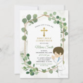 Boy Holy Communion Minimalistisch Greenery Gold Einladung (Vorderseite)
