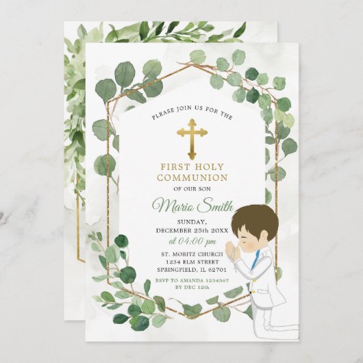 Boy Holy Communion Minimalistisch Greenery Gold Einladung (Vorne/Hinten)
