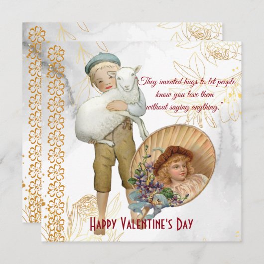 Boy Hugs Sheep Flower Girl Vintag Valentine Card (Vorne/Hinten)