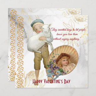 Boy Hugs Sheep Flower Girl Vintag Valentine Card