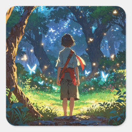 Boy in magical forest quadratischer aufkleber