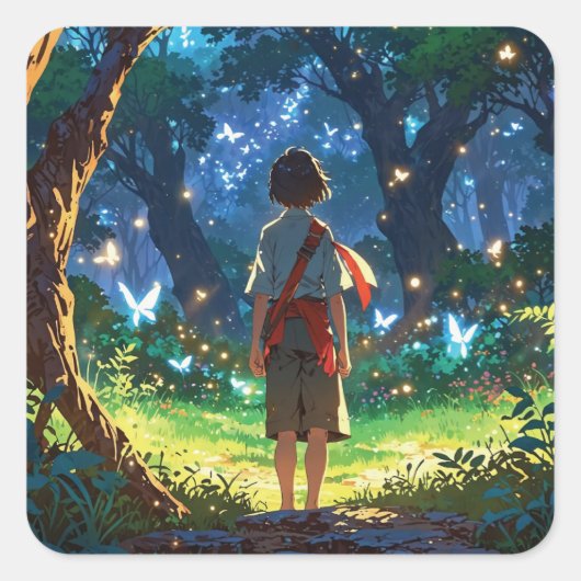 Boy in magical forest quadratischer aufkleber (Vorderseite)