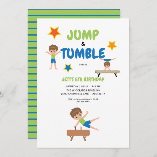 Boy Jump Tumble Gymnastics Geburtstagsparty Einladung (Vorne/Hinten)