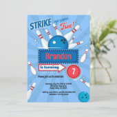 Boy Kid Bowling Geburtstagsparty Retro Blue & Red Einladung (Stehend Vorderseite)