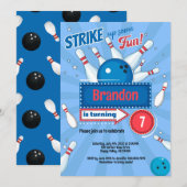 Boy Kid Bowling Geburtstagsparty Retro Blue & Red Einladung (Vorne/Hinten)
