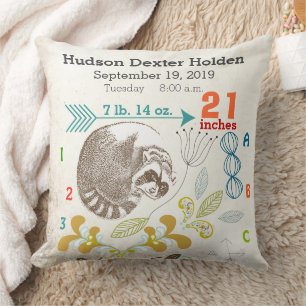 Boy Kinderzimmer Baby Birth Stat Raccoon Arrow Mus Kissen