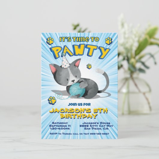 Boy Kitty Cat Birthday Pawty Party Einladung (Stehend Vorderseite)