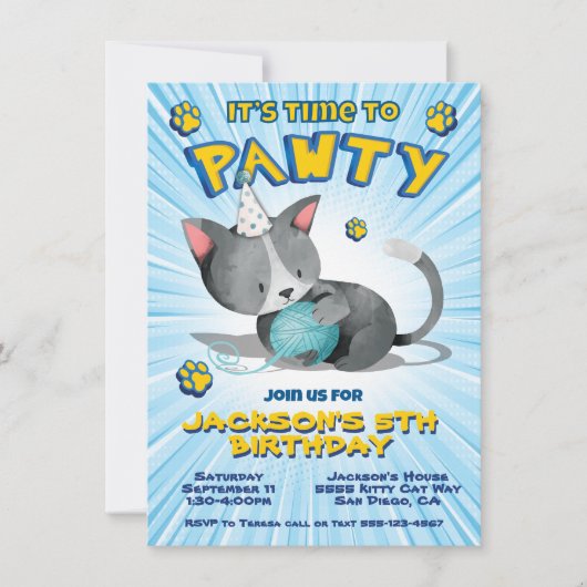 Boy Kitty Cat Birthday Pawty Party Einladung (Vorderseite)