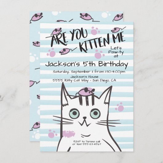 Boy Kitty Cat Geburtstagsparty Einladung (Vorne/Hinten)