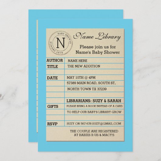 Boy Library Card Kinderdusche Blauer Einladung (Vorne/Hinten)