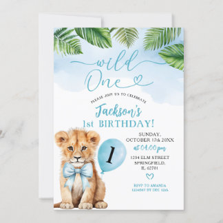 Boy Lion mit Blue Bow Safari Wild Ein Geburtstag Einladung