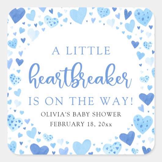Boy Little Heartbreaker Blue Valentine Baby Dusche Quadratischer Aufkleber (Vorderseite)