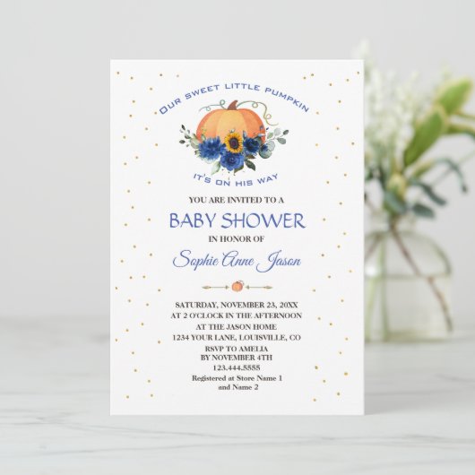 Boy Little Pumpkin Floral Erntedank Babydusche Einladung (Stehend Vorderseite)