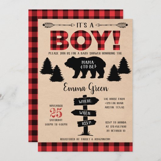 Boy Lumberjack Baby Dusche Einladung (Vorne/Hinten)