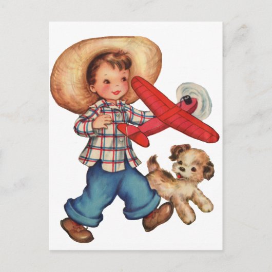 Boy Model Flugzeug und Welpe Postkarte (Vorderseite)