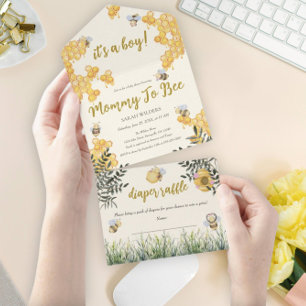 Boy Mommy to Bee Cute Watercolor Boho Baby Shower All In One Einladung