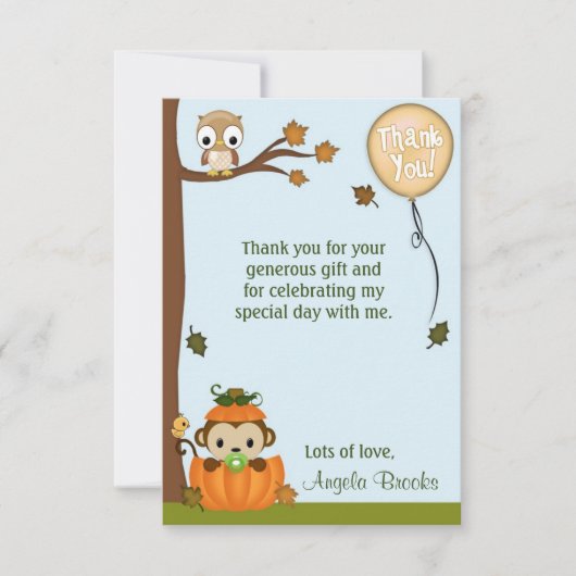 Boy MONKEY Fall Pumpkin Vielen Dank (FLAT) Einladung (Vorderseite)
