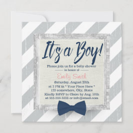Boy Navy Blue Bow Krawatte Gray Stripes Baby Dusch Einladung