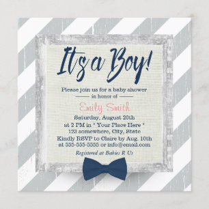 Boy Navy Blue Bow Krawatte Gray Stripes Baby Dusch Einladung