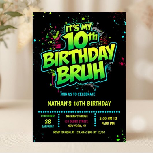 Boy Neon 10th Birthday Invitation Graffiti Style Einladung