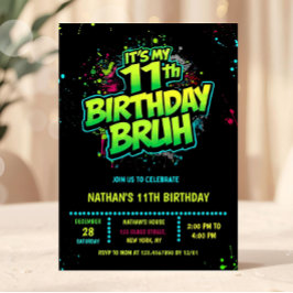 Boy Neon 11th Birthday Invitation Graffiti Style Einladung