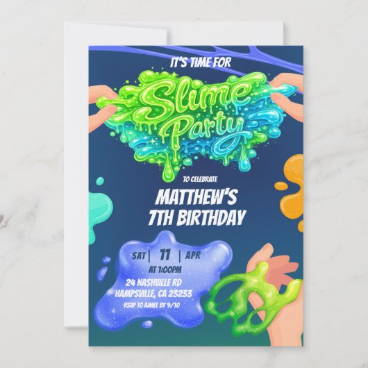  Boy Neon Blue Green Slime Birthday Invitation Einladung (Vorderseite)
