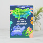  Boy Neon Blue Green Slime Birthday Invitation Einladung (Stehend Vorderseite)