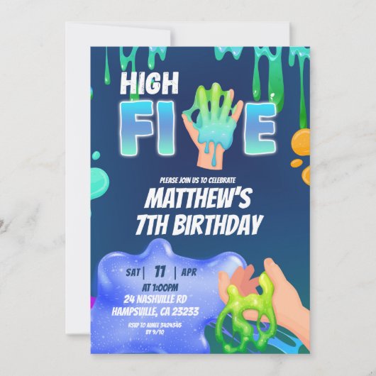 Boy Neon Blue Green Slime High Five Invitation Einladung (Vorderseite)
