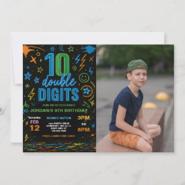 Boy Neon Double Digits 10. Geburtstagsparty Foto Einladung