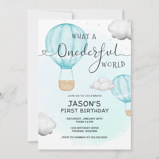 Boy ONEderful World Hot Air Ballon Erster Geburtst Einladung (Vorderseite)
