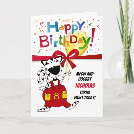 Boy or Girl Cute Cartoon Cat 8th Birthday Karte (Vorderseite)