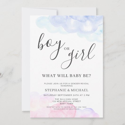 Boy Or Girl Pink And Blue Gender Reveal Einladung (Vorderseite)