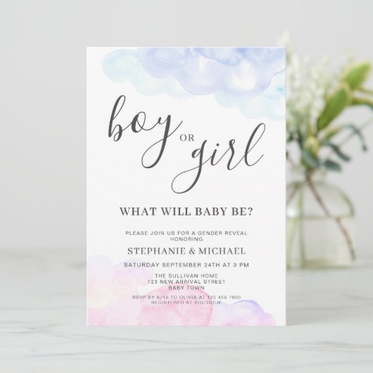 Boy Or Girl Pink And Blue Gender Reveal Einladung (Stehend Vorderseite)