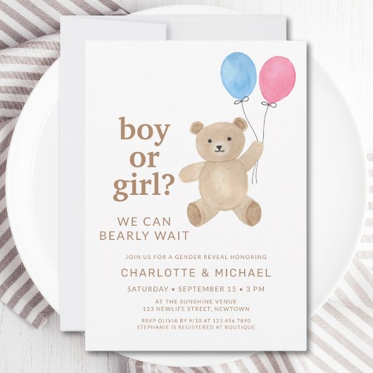 Boy Or Girl Teddy Bear Balloons Gender Reveal Einladung