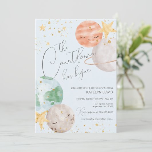 Boy Outer Space Baby Dusche Einladung (Stehend Vorderseite)