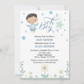 Boy Pastel Green & Blue Stars & Blume Niedlich Einladung (Vorderseite)