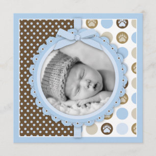 Boy Paw Print Polka Dots Birth Announcement Square Einladung