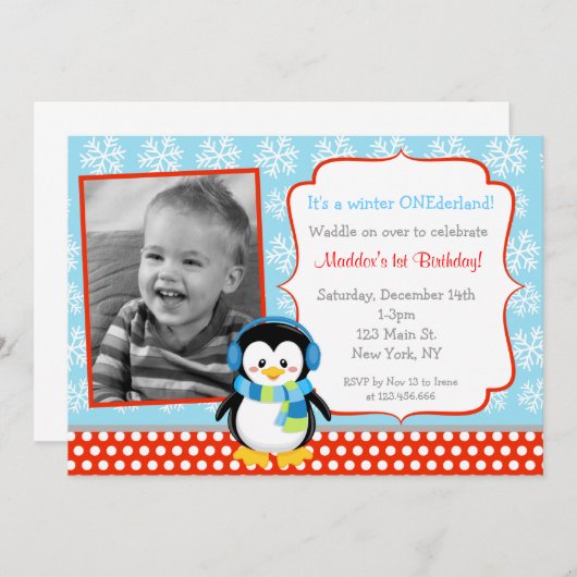 Boy Penguin Winter Geburtstag Einladungen (Vorne/Hinten)