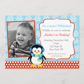 Boy Penguin Winter Geburtstag Einladungen