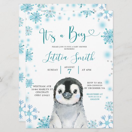 Boy Penguin Winter Snowflake Baby Dusche einladen Einladung (Vorne/Hinten)